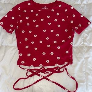 Hollister wrap string t shirt red with white flowers size small